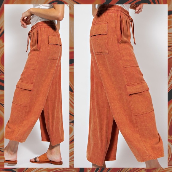 EASEL "Linen Lounge" Cotton Blend Mineral Washed Wide Leg Pants W/ Cargo Pockets - Picture 8 of 15
